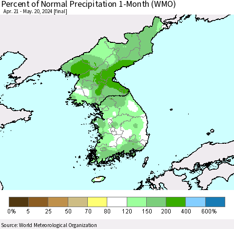 Korea Percent of Normal Precipitation 1-Month (WMO) Thematic Map For 4/21/2024 - 5/20/2024