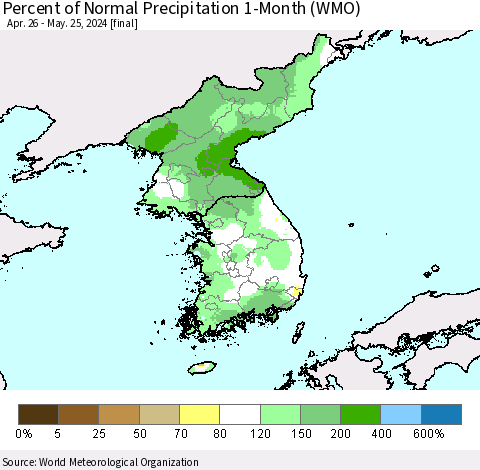 Korea Percent of Normal Precipitation 1-Month (WMO) Thematic Map For 4/26/2024 - 5/25/2024
