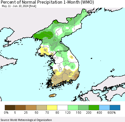 Korea Percent of Normal Precipitation 1-Month (WMO) Thematic Map For 5/11/2024 - 6/10/2024