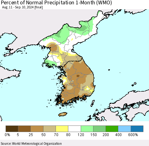 Korea Percent of Normal Precipitation 1-Month (WMO) Thematic Map For 8/11/2024 - 9/10/2024