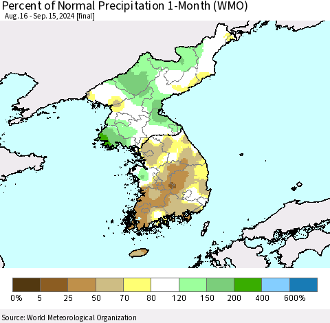 Korea Percent of Normal Precipitation 1-Month (WMO) Thematic Map For 8/16/2024 - 9/15/2024