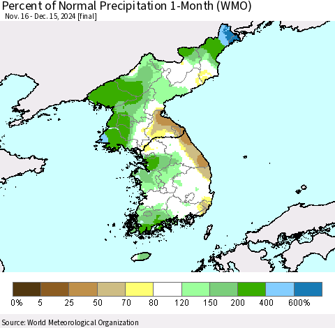 Korea Percent of Normal Precipitation 1-Month (WMO) Thematic Map For 11/16/2024 - 12/15/2024