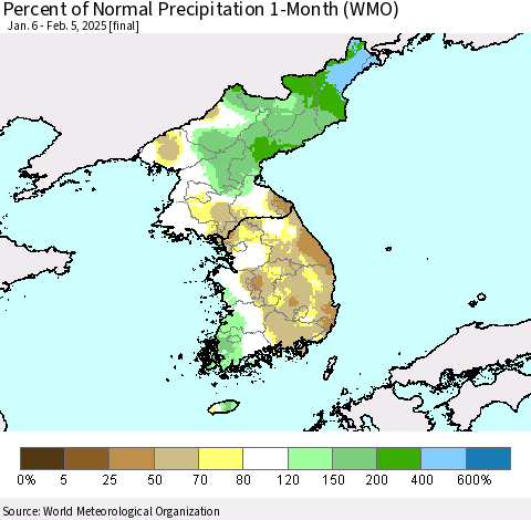 Korea Percent of Normal Precipitation 1-Month (WMO) Thematic Map For 1/6/2025 - 2/5/2025