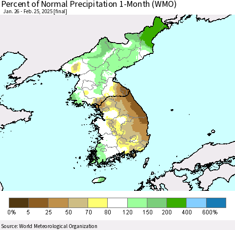 Korea Percent of Normal Precipitation 1-Month (WMO) Thematic Map For 1/26/2025 - 2/25/2025
