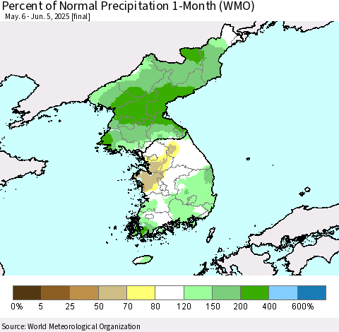 Korea Percent of Normal Precipitation 1-Month (WMO) Thematic Map For 5/6/2025 - 6/5/2025