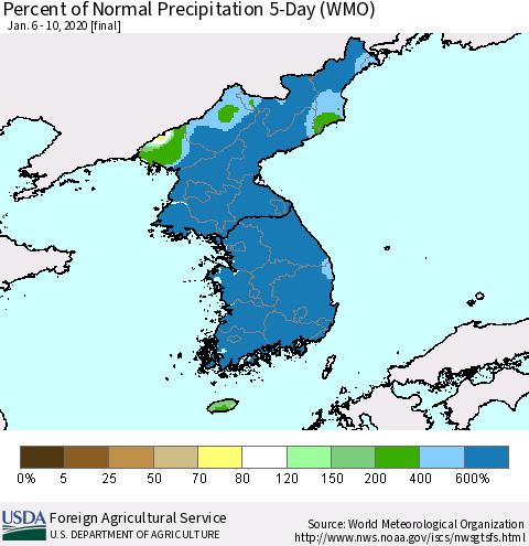 Korea Percent of Normal Precipitation 5-Day (WMO) Thematic Map For 1/6/2020 - 1/10/2020