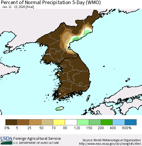 Korea Percent of Normal Precipitation 5-Day (WMO) Thematic Map For 1/11/2020 - 1/15/2020