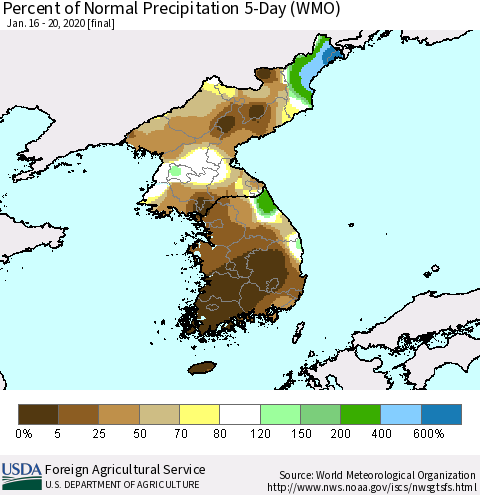 Korea Percent of Normal Precipitation 5-Day (WMO) Thematic Map For 1/16/2020 - 1/20/2020
