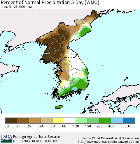Korea Percent of Normal Precipitation 5-Day (WMO) Thematic Map For 1/21/2020 - 1/25/2020