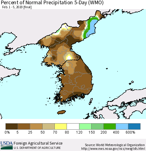 Korea Percent of Normal Precipitation 5-Day (WMO) Thematic Map For 2/1/2020 - 2/5/2020