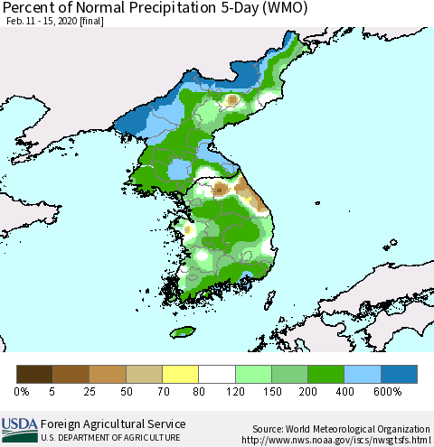 Korea Percent of Normal Precipitation 5-Day (WMO) Thematic Map For 2/11/2020 - 2/15/2020