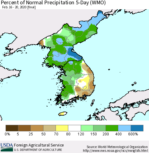 Korea Percent of Normal Precipitation 5-Day (WMO) Thematic Map For 2/16/2020 - 2/20/2020