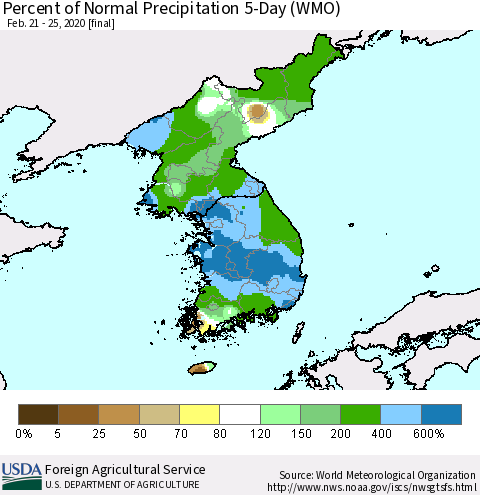 Korea Percent of Normal Precipitation 5-Day (WMO) Thematic Map For 2/21/2020 - 2/25/2020