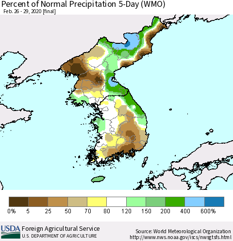Korea Percent of Normal Precipitation 5-Day (WMO) Thematic Map For 2/26/2020 - 2/29/2020
