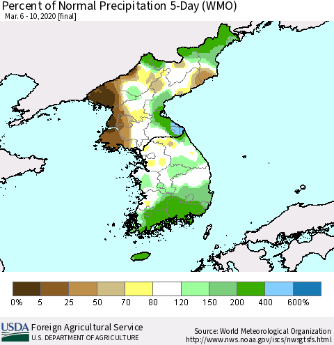 Korea Percent of Normal Precipitation 5-Day (WMO) Thematic Map For 3/6/2020 - 3/10/2020