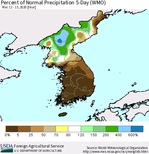 Korea Percent of Normal Precipitation 5-Day (WMO) Thematic Map For 3/11/2020 - 3/15/2020