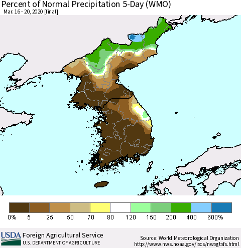 Korea Percent of Normal Precipitation 5-Day (WMO) Thematic Map For 3/16/2020 - 3/20/2020