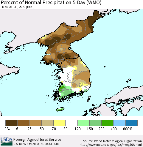 Korea Percent of Normal Precipitation 5-Day (WMO) Thematic Map For 3/26/2020 - 3/31/2020