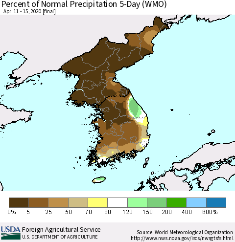 Korea Percent of Normal Precipitation 5-Day (WMO) Thematic Map For 4/11/2020 - 4/15/2020