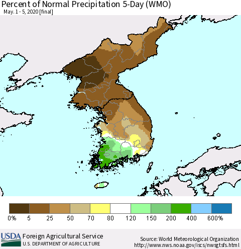 Korea Percent of Normal Precipitation 5-Day (WMO) Thematic Map For 5/1/2020 - 5/5/2020