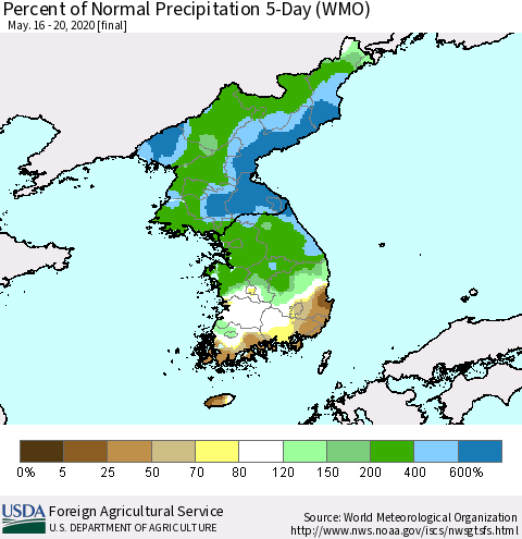 Korea Percent of Normal Precipitation 5-Day (WMO) Thematic Map For 5/16/2020 - 5/20/2020