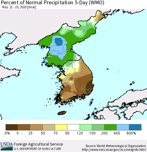 Korea Percent of Normal Precipitation 5-Day (WMO) Thematic Map For 5/21/2020 - 5/25/2020