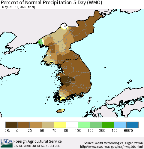 Korea Percent of Normal Precipitation 5-Day (WMO) Thematic Map For 5/26/2020 - 5/31/2020