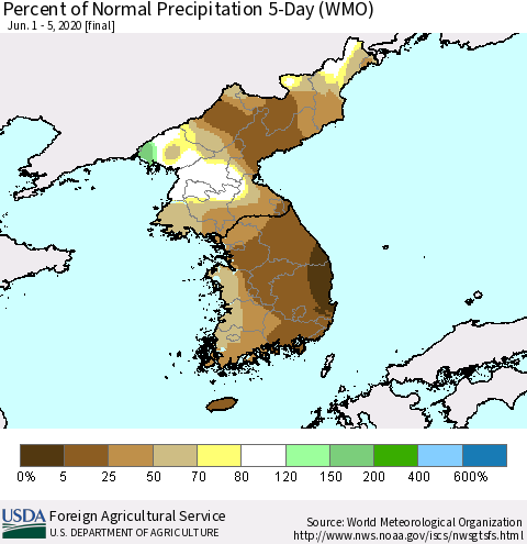 Korea Percent of Normal Precipitation 5-Day (WMO) Thematic Map For 6/1/2020 - 6/5/2020