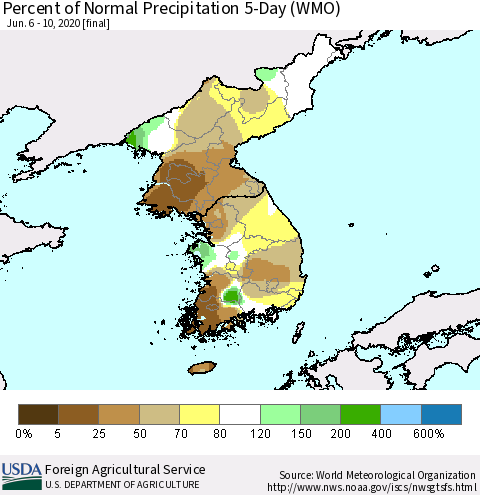 Korea Percent of Normal Precipitation 5-Day (WMO) Thematic Map For 6/6/2020 - 6/10/2020