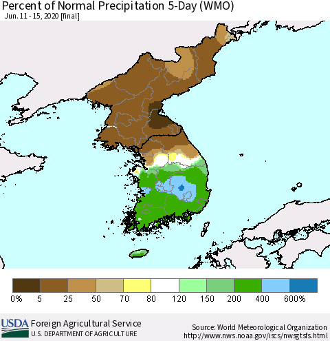 Korea Percent of Normal Precipitation 5-Day (WMO) Thematic Map For 6/11/2020 - 6/15/2020