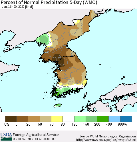 Korea Percent of Normal Precipitation 5-Day (WMO) Thematic Map For 6/16/2020 - 6/20/2020