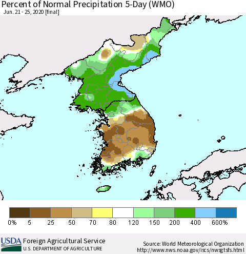 Korea Percent of Normal Precipitation 5-Day (WMO) Thematic Map For 6/21/2020 - 6/25/2020