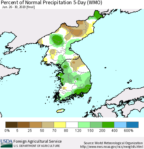 Korea Percent of Normal Precipitation 5-Day (WMO) Thematic Map For 6/26/2020 - 6/30/2020