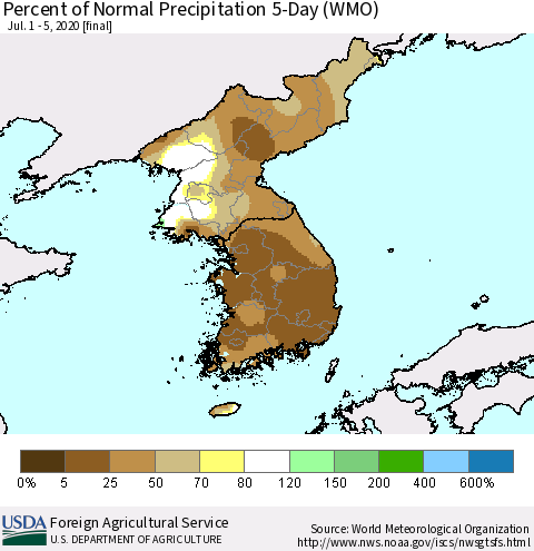 Korea Percent of Normal Precipitation 5-Day (WMO) Thematic Map For 7/1/2020 - 7/5/2020