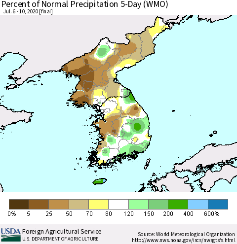 Korea Percent of Normal Precipitation 5-Day (WMO) Thematic Map For 7/6/2020 - 7/10/2020