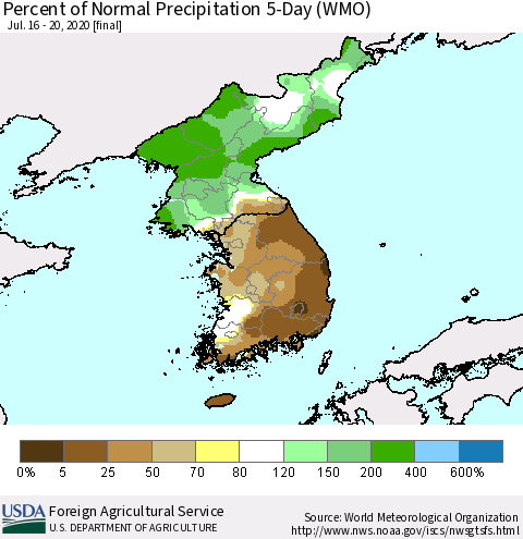 Korea Percent of Normal Precipitation 5-Day (WMO) Thematic Map For 7/16/2020 - 7/20/2020