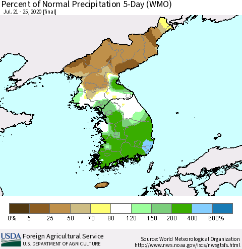 Korea Percent of Normal Precipitation 5-Day (WMO) Thematic Map For 7/21/2020 - 7/25/2020
