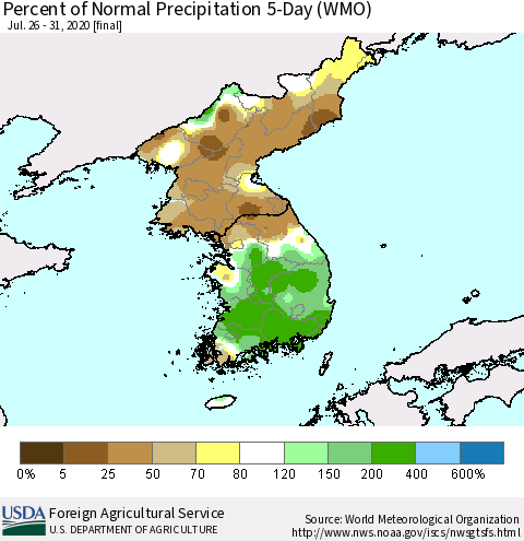 Korea Percent of Normal Precipitation 5-Day (WMO) Thematic Map For 7/26/2020 - 7/31/2020