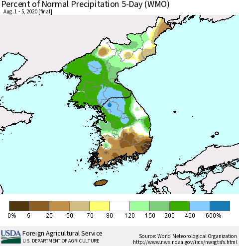 Korea Percent of Normal Precipitation 5-Day (WMO) Thematic Map For 8/1/2020 - 8/5/2020