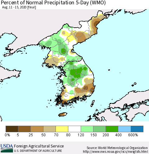 Korea Percent of Normal Precipitation 5-Day (WMO) Thematic Map For 8/11/2020 - 8/15/2020