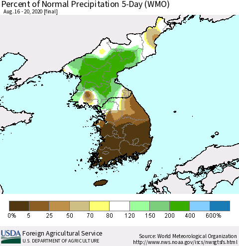 Korea Percent of Normal Precipitation 5-Day (WMO) Thematic Map For 8/16/2020 - 8/20/2020