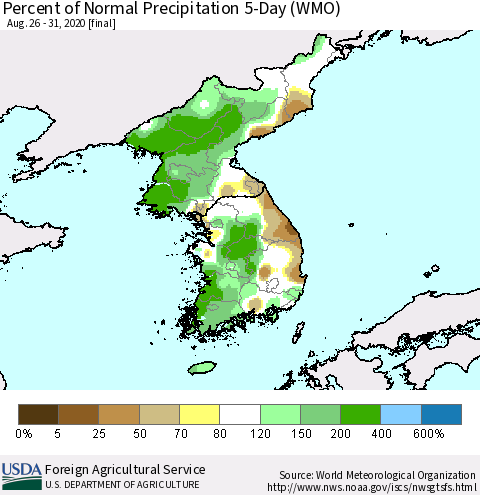 Korea Percent of Normal Precipitation 5-Day (WMO) Thematic Map For 8/26/2020 - 8/31/2020
