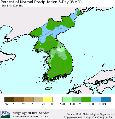 Korea Percent of Normal Precipitation 5-Day (WMO) Thematic Map For 9/1/2020 - 9/5/2020