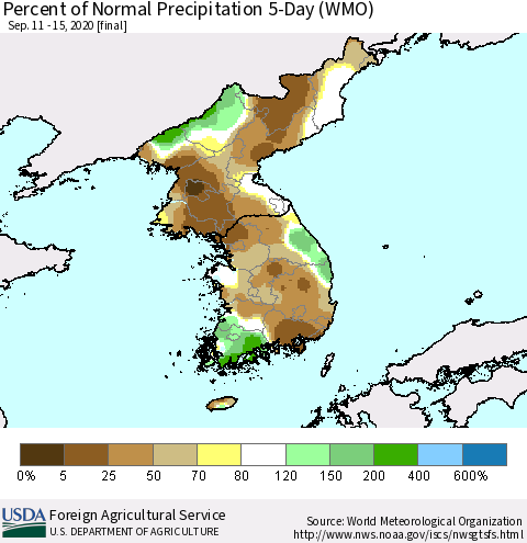 Korea Percent of Normal Precipitation 5-Day (WMO) Thematic Map For 9/11/2020 - 9/15/2020