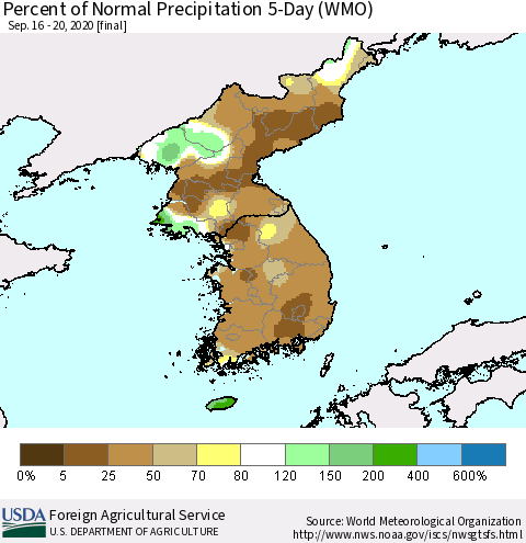 Korea Percent of Normal Precipitation 5-Day (WMO) Thematic Map For 9/16/2020 - 9/20/2020