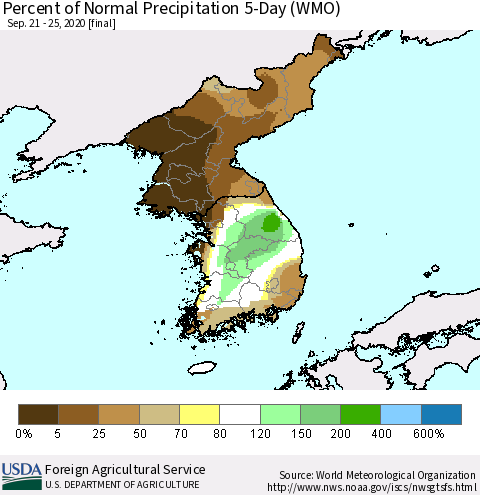 Korea Percent of Normal Precipitation 5-Day (WMO) Thematic Map For 9/21/2020 - 9/25/2020