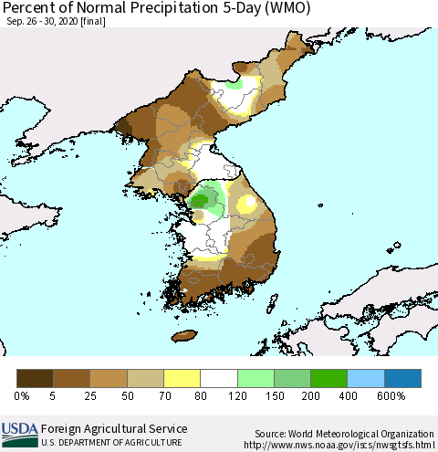 Korea Percent of Normal Precipitation 5-Day (WMO) Thematic Map For 9/26/2020 - 9/30/2020
