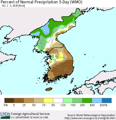 Korea Percent of Normal Precipitation 5-Day (WMO) Thematic Map For 10/1/2020 - 10/5/2020