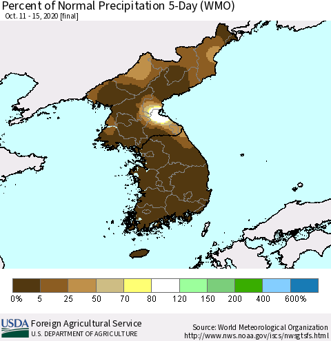 Korea Percent of Normal Precipitation 5-Day (WMO) Thematic Map For 10/11/2020 - 10/15/2020