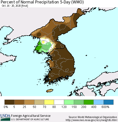 Korea Percent of Normal Precipitation 5-Day (WMO) Thematic Map For 10/16/2020 - 10/20/2020